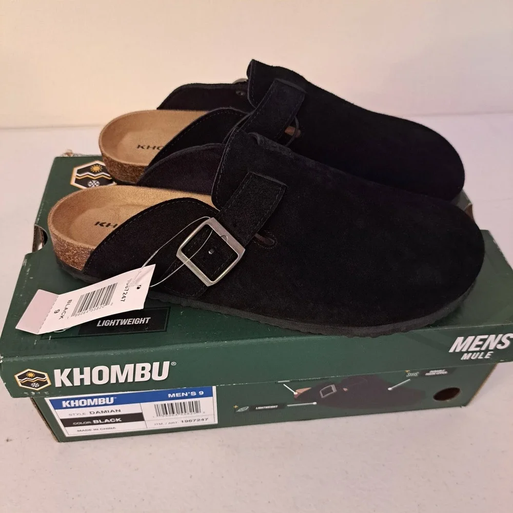 Khombu Damian Mule Mens 9 Black New Suede Cork Insole Buckle Clog 1253-462